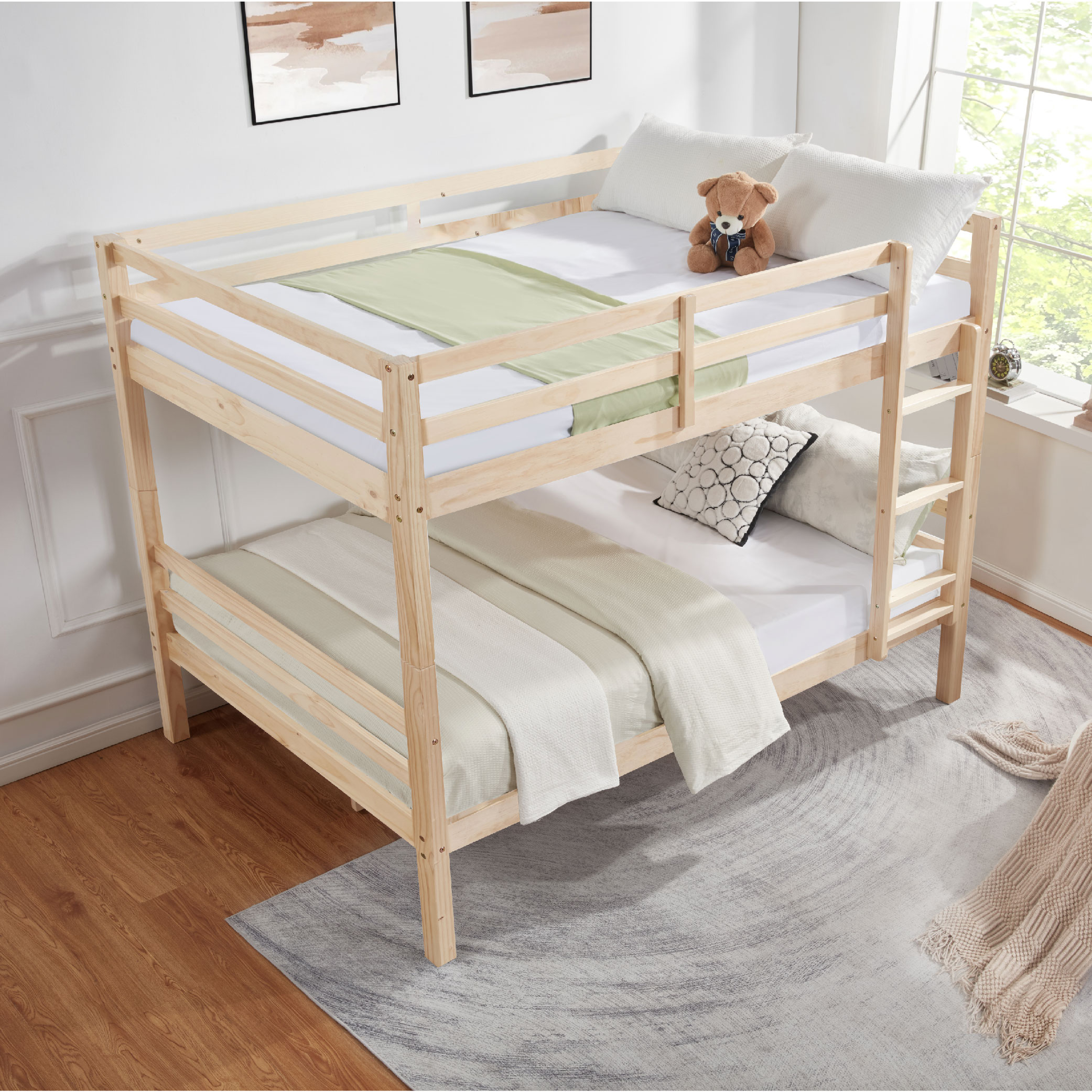 Full over Full Bunk Bed with Thick Posts,Wooden Bunk Bed with High Guardrail and Ladder for Kids, Teens, Dorm Rooms, and Guest Rooms,No Box Spring Needed, Natural